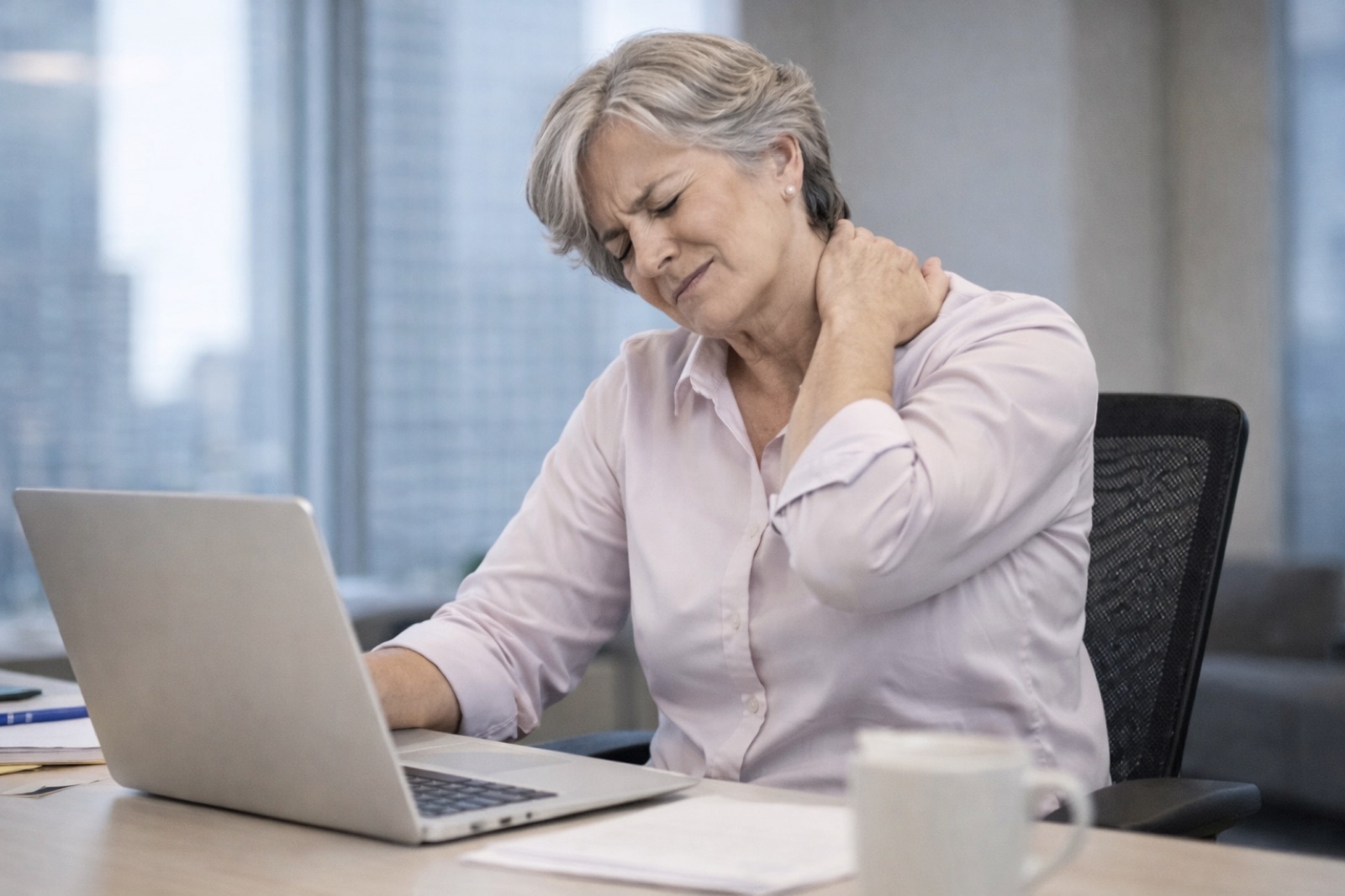A customer experiencing neck discomfort, representing the need served by mobile massage therapy